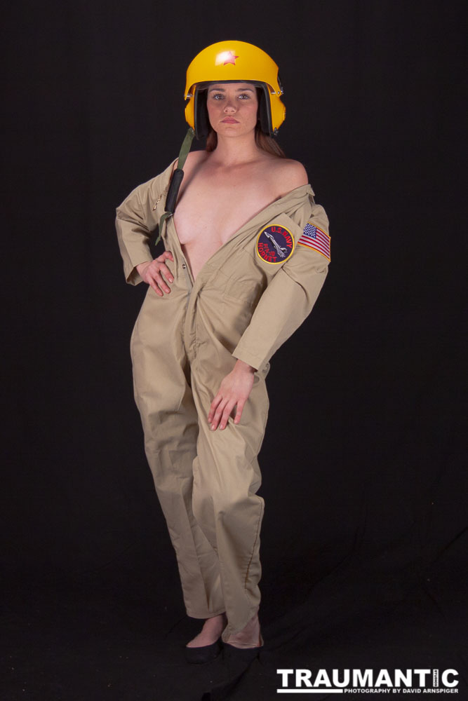 Lindsey was visiting and wanted to shoot, and I had an idea for a pinup based on a pilot's helmet I had recently been given.  So we went to a local military surplus and whipped up a pilot costume and did this shoot.